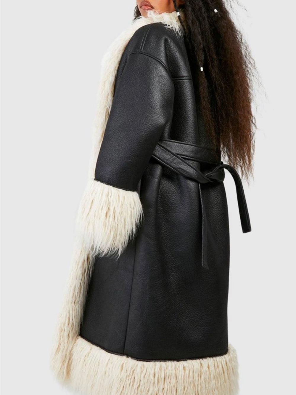 Boohoo Black Faux-Leather Trench Coat with Cream Faux-Fur Trim - Picture 3 of 8
